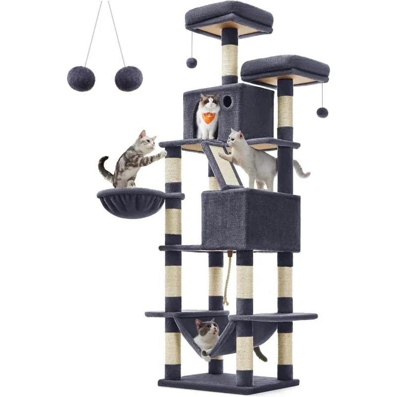 

Feandrea Cat Tree, 81.1-Inch Large Cat Tower with 13 Scratching Posts, 2 Perches, 2 Caves, Basket, Hammock, Pompoms, Multi-Level