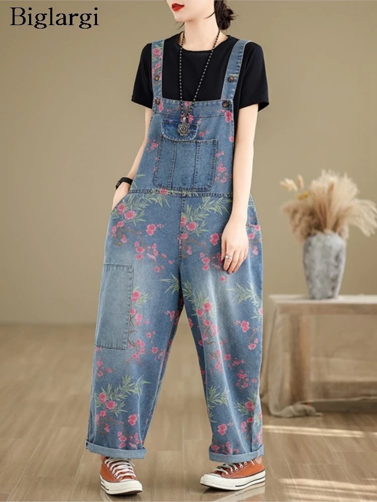 

Oversized Flower Print Jeans Overalls Spring Pant Women Wide Leg Loose Pleated Modis Ladies Trousers Casual Woman Overalls Pants