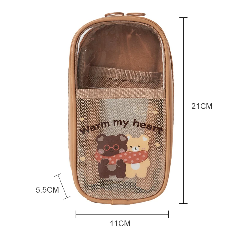 Trousse à Crayons Transparente Kawaii - Grande Capacité 21.5cm - Multi-usage Bureau/École - Marron