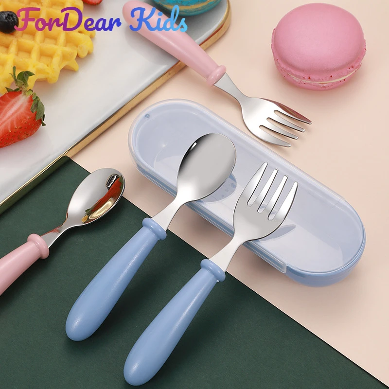 Children Spoon Forks Box Kids Stainless Steel Kids Cutlery Portable Baby Feeding Utensils Baby Spoons Tableware Set 3pcs silicone cutlery set baby feeding spoon