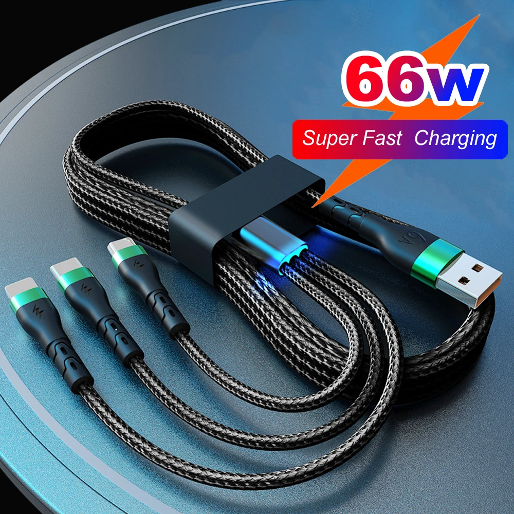 6A 3 in 1 SuperCharging Cable Micro USB Type-C Fast Charger Micro USB Type-C Data Cable For iPhone 14 13 Samsung Xiaomi Huawei