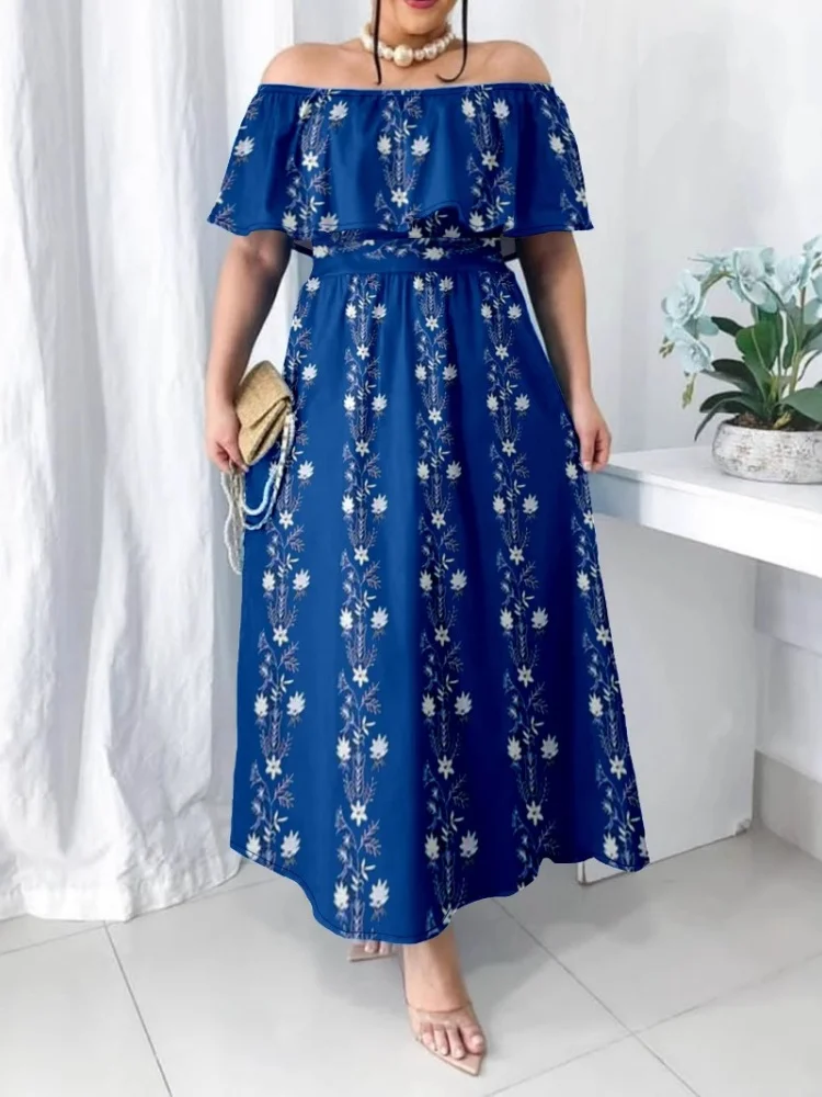 Wmstar 2025 New Women Fashionable Elegant Plus Size Dress One Piece Waist Nipped Floral Print Dress Solid Color Short Sleeve