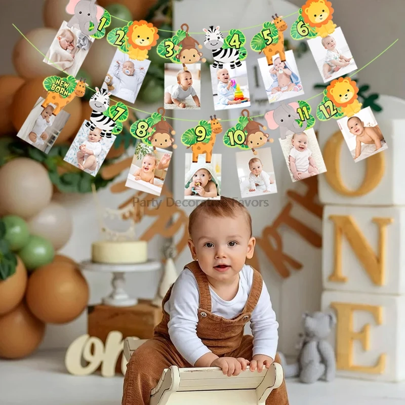 1st Birthday Photo Banner Baby Jungle Safari Birthday Party Lion Tiger Animal Bunting Paper Garland Flags Decoration Wild One