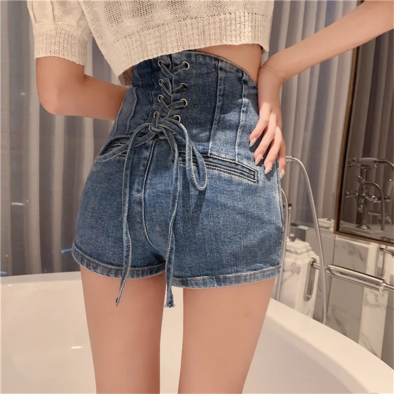 

Women Fashion Casual Bandage Sense of Design Waist Slim Denim Shorts High Waist Sexy Egirl Y2k Summer Mini Jean Short Streetwear