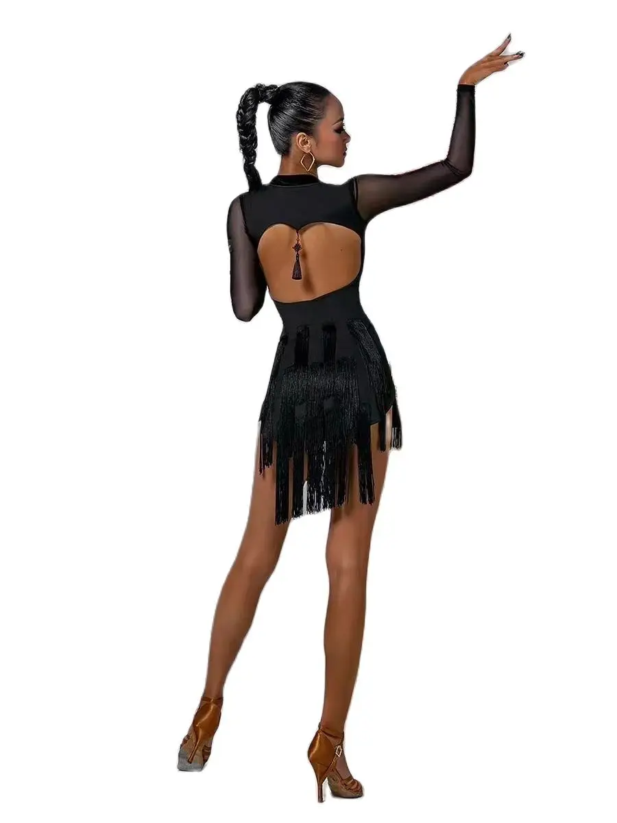 

Sexy Large Halter Cross-Tie Latin Dance Dress For Women Long Sleeved Slit Latin Dress Skirts Ballroom Performance Wear