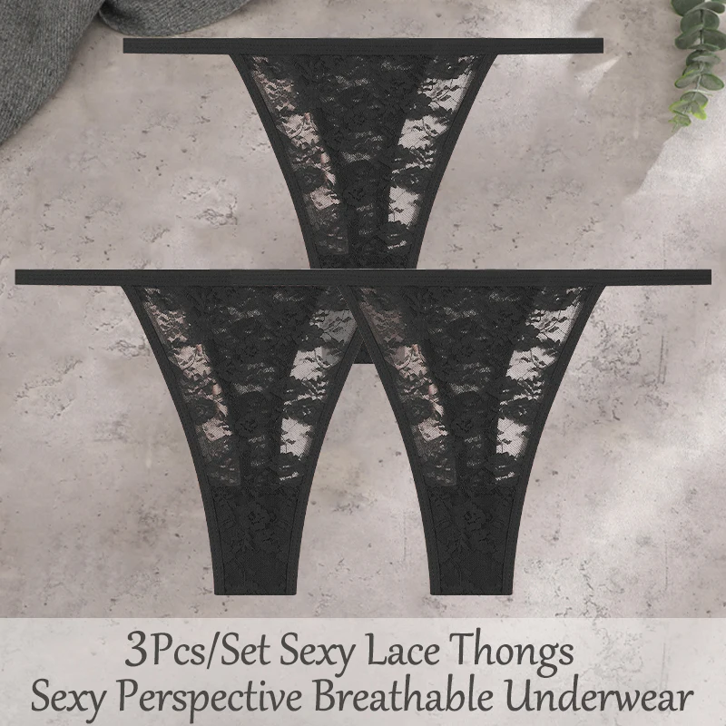 3Pcs/Set Sexy Lace Floral Panties For Women Solid Color Transparent Underwear Female Lace Perspective Hollow Out G-string Thongs