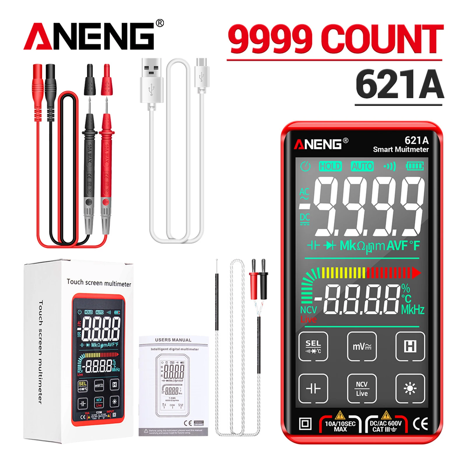 621A Digital Multimeter digital multimeter multimeter tester 9999 Counts Auto Range Rechargeable Portable NCV Universal Meter Voltmeter Ammeter LCD Touch Screen