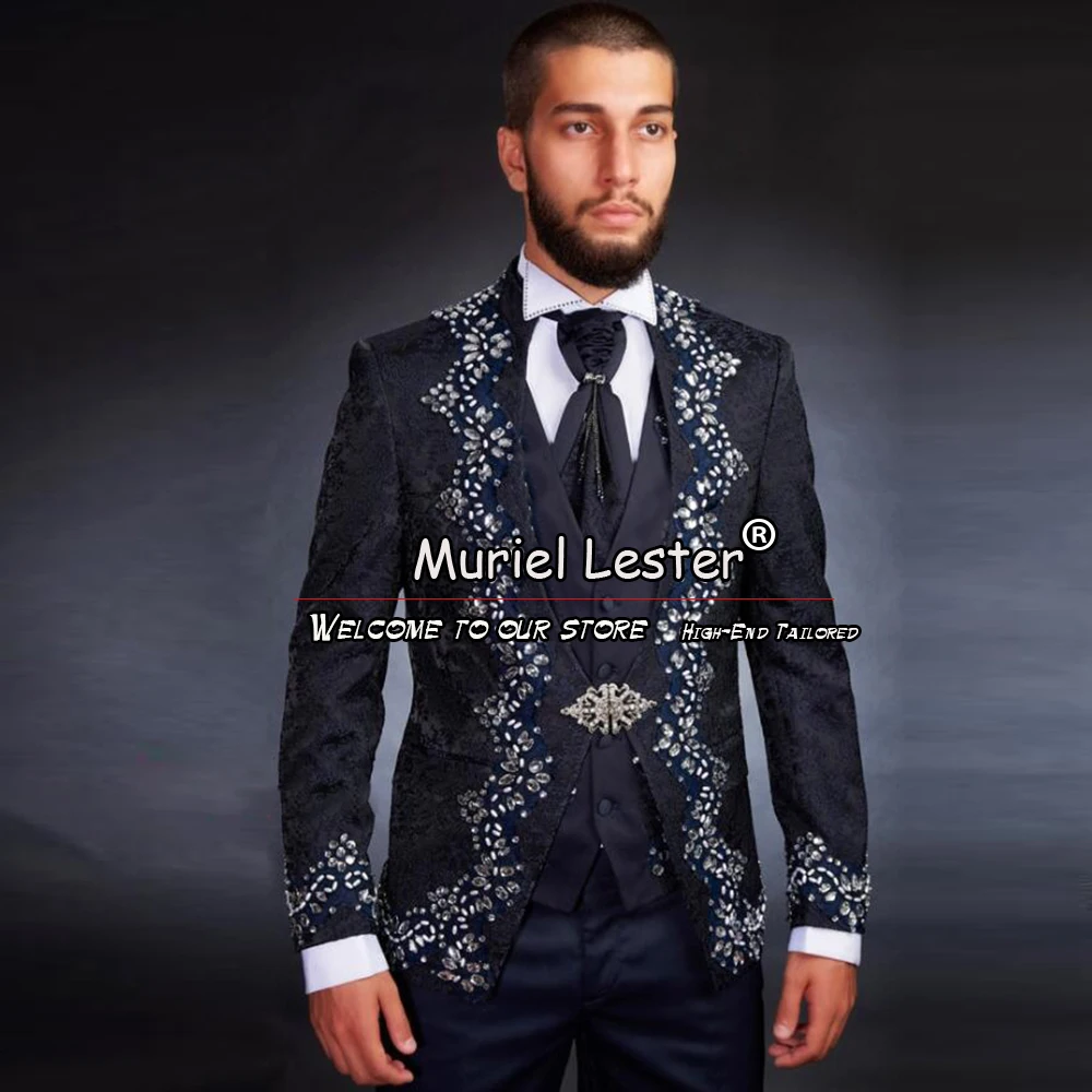 

Мужской темно-синий свадебный костюм, роскошная Серебристая Цветочная куртка с бисером, жилет и брюки, смокинг для жениха, платье для выпускного вечера, мужская одежда