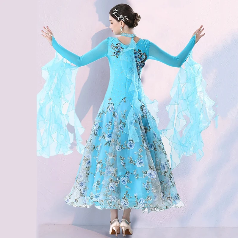 Women's Performance Party Embroidery Rhinestones Ballroom Dance Dress Long Sleeve Modern Waltz Costumes