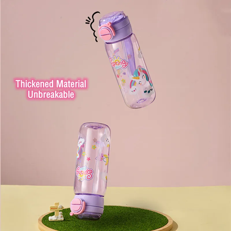 600ml High Quality Cartoon Plastic Water Bottle With Straw BPA Free Leak-Proof Durable Unbreakable Kids Drinking Bottle
