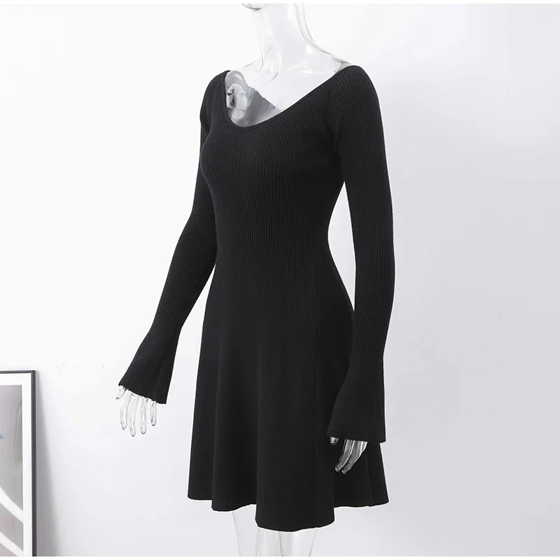 Knit Off-Shoulder V-Neck Mini Dress For Women Ribbed Loose Casual High Waist Long Sleeve Knitwear Dress Women's Mini Dress
