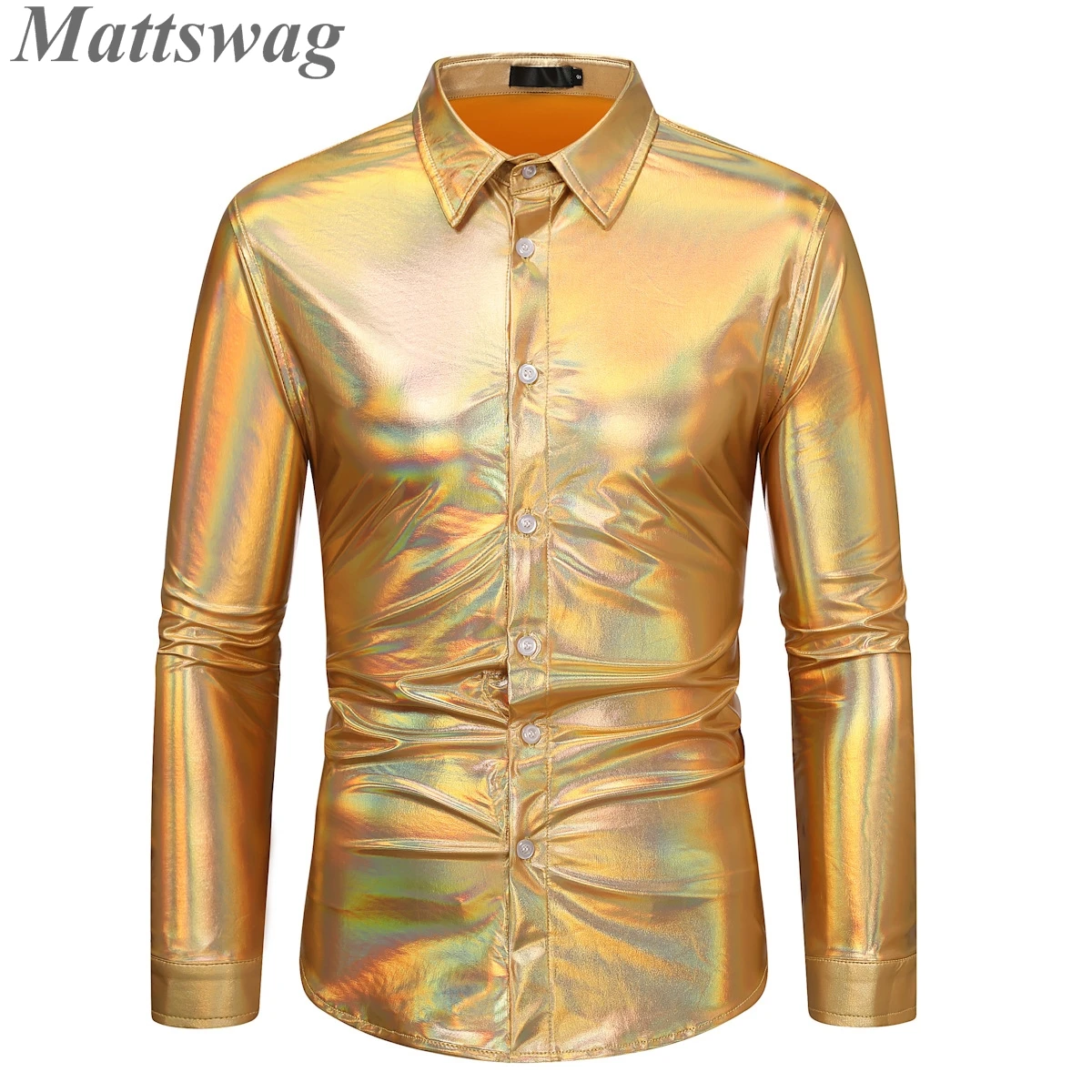 

70's Disco Gold Designer Men's Shirt Luxury Shiny Stage Performance Men's Clothing Loose Party Dance Prom Wedding Chemise Hombre