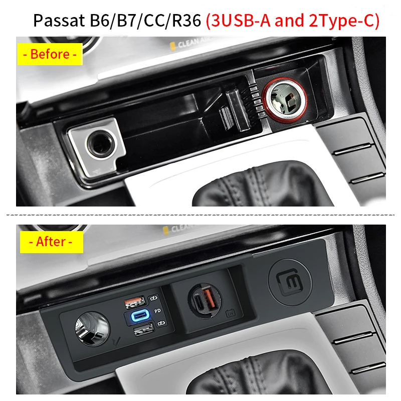 LOYEUANR For VW passat B6 B7 CC R36 Car Charger Cigarette lighter USB Fast Charging Type C Power Adapter - 3