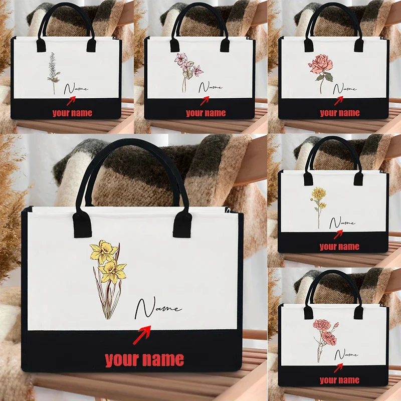 Personalized Birth Flower Tote Bag Organize Name Travel Shoulder Bags Shopping Handbag Bachelor Party Birthday Gift