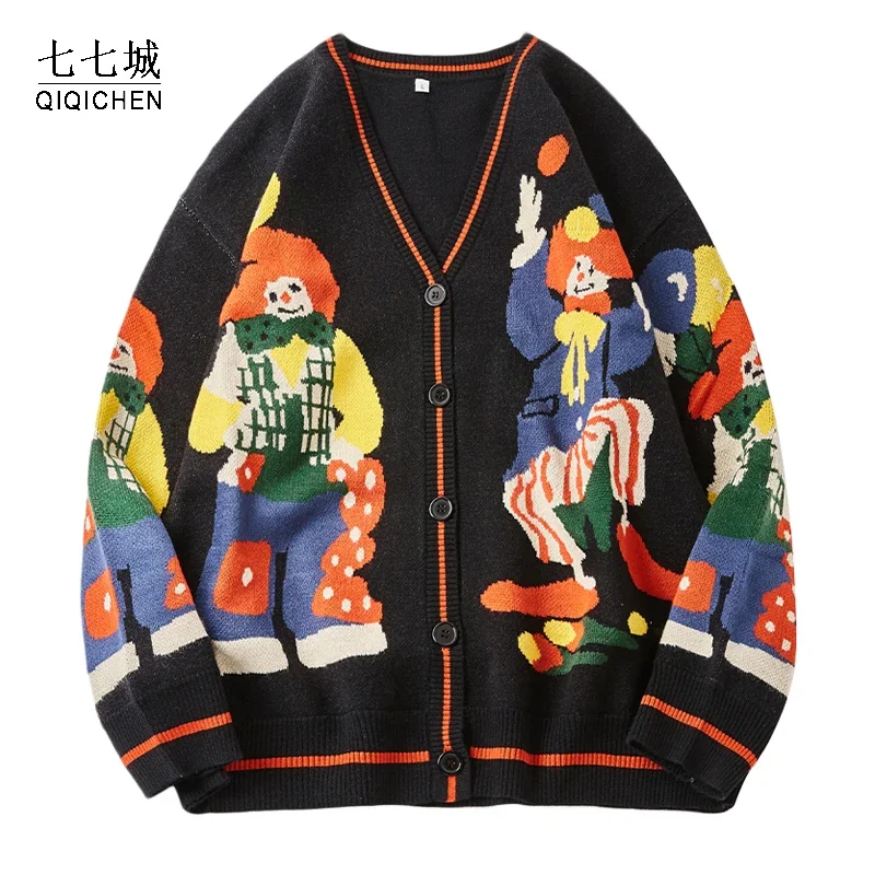 Christmas Knitted Sweater Men Cardigan Oversized Streetwear Knit Jumpers Funny Clown Print Cotton Harajuku Knit Coats Unisex New