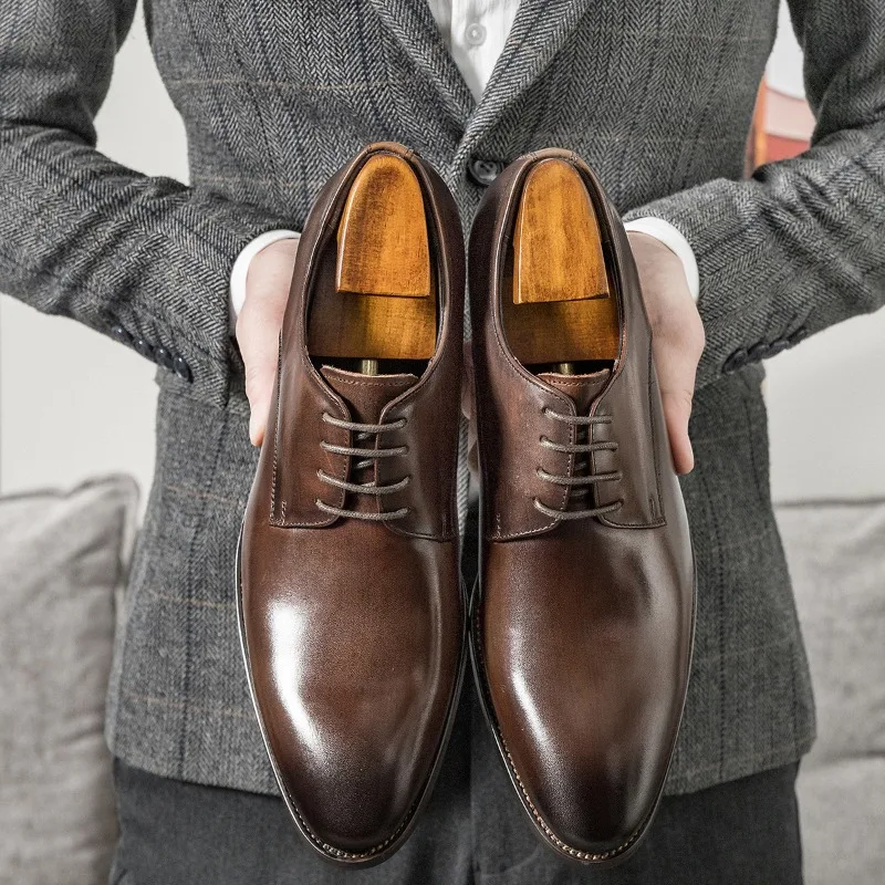 

Мужские кожаные туфли ручной работы, деловая повседневная обувь из воловьей кожи, на шнуровке, в британском стиле, официальные свадебные туфли, Дерби