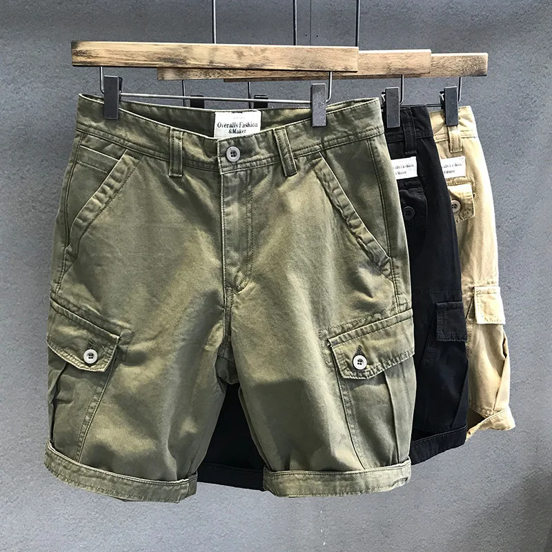 Sport Shorts Heavyweight Washed Fabric Army Green Multi-pocket Overalls Men's Loose Straight Casual Shorts Outdoor Trekking Tooling Clothes