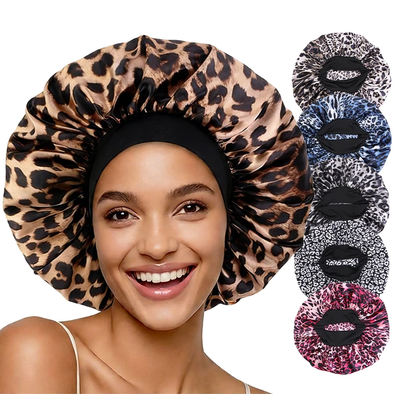 Gorro de satén con estampado de leopardo para mujer, gorro para dormir con borde de ducha, gorro de dormir para pelo largo