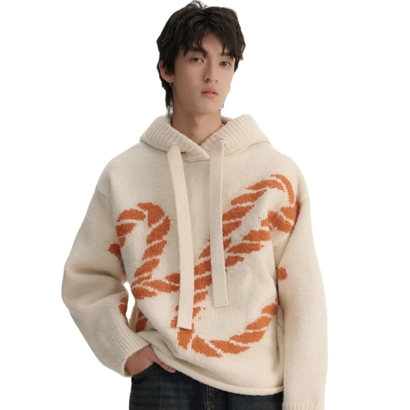 Pullover Hooded Knitted Coat Men's and Women's Same Geometric Pattern Jacquard Fashion Spring Contrast Color Sweater Idle Style