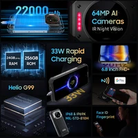 Oukitel WP19 Pro هاتف متين 6.8 بوصة FHD + شاشة 22000 مللي أمبير 24 جيجابايت 256 جيجابايت هاتف ذكي كاميرا 64 ميجابكسل Helio G99 120 هرتز هاتف محمول 4