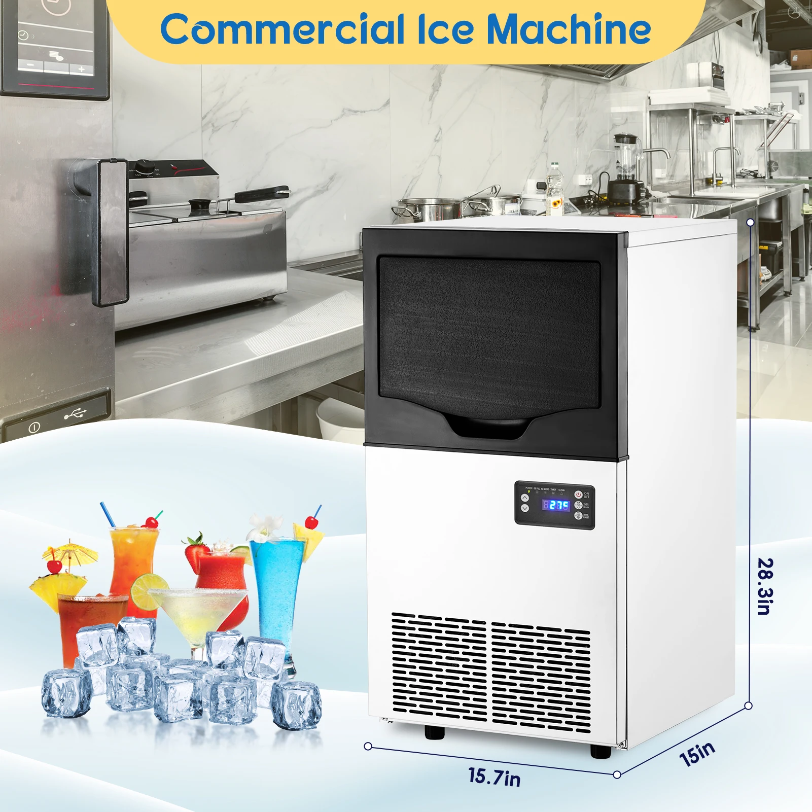 Commercial Ice Maker Machine,Freestanding/Under Counter Stainless Steel Ice Machine,90Lbs/24 Hour with 30Lbs Storage Capacit