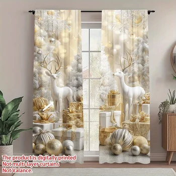 Gold Deer Christmas Sheer Curtain Set 1
