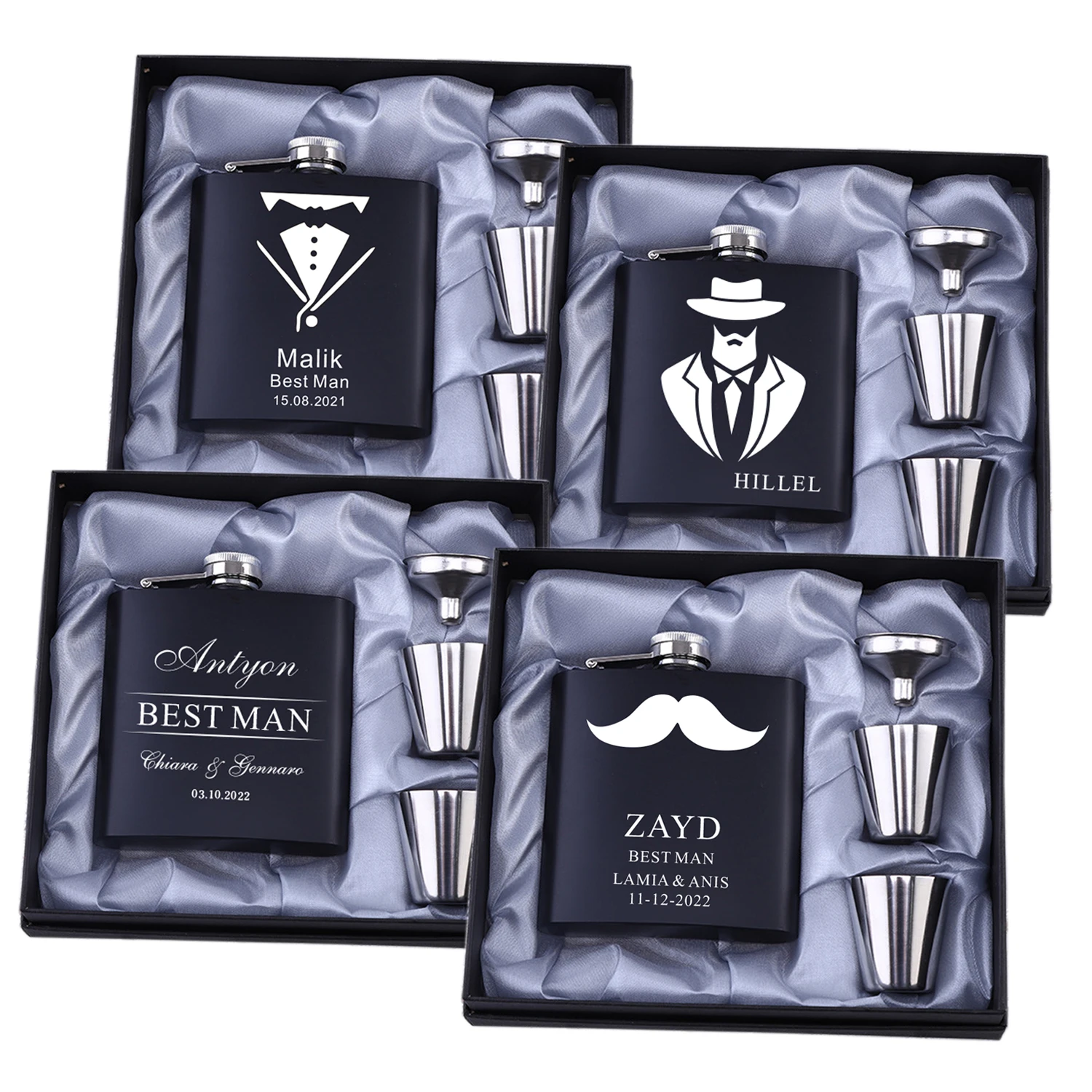 Personalized Groomsmen Gift Set - 3 Engraved 6oz Stainless Steel Hip Flasks With Names, Titles & Date, Includes Gift Box