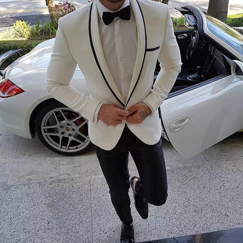 

Italian Slim Fit Men Suits for Wedding 2 Piece Groom Tuxedo White Jacket with Black Pants Male Fashion Costume 2023