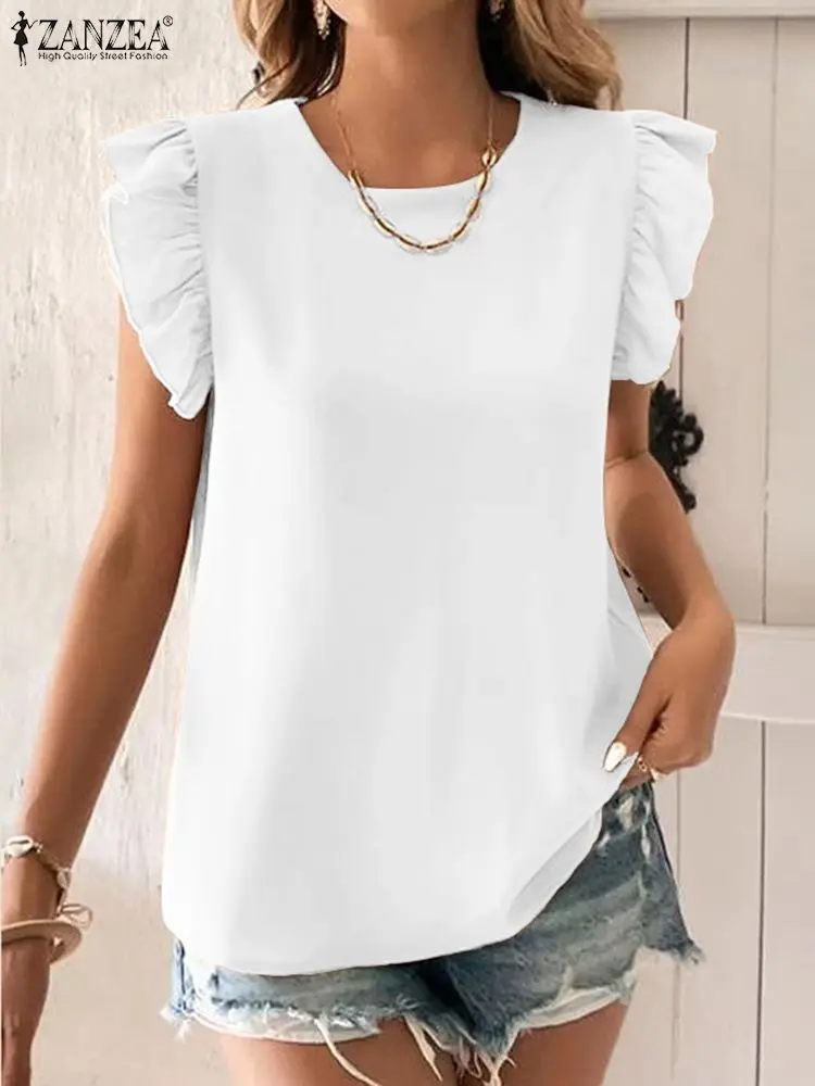 

ZANZEA 2023 Summer Round Neck White Blusas Casual Ruffles Sleeve Blouses Women Fashion Button Back Tops Chic Streetwear Shirts