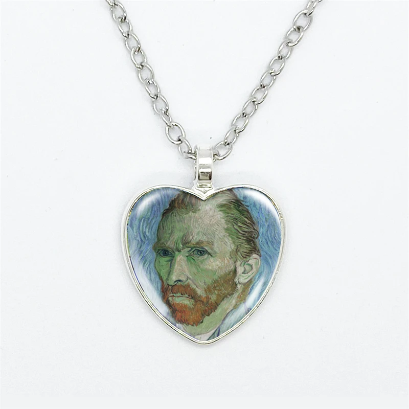 Fashion Van Gogh Art Starry Night Sunflower Necklace Glass Cabochon Painting Heart Pendant Printed Photo Necklaces 5