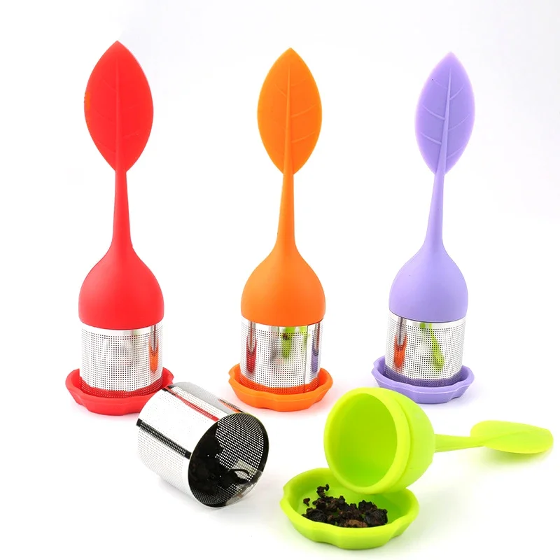 Tea Infuser Stainless Steel Fine Mesh Tea Filter BPA-Free Silicone Leaf Handle and Drip Tray for All Loose Leaf
