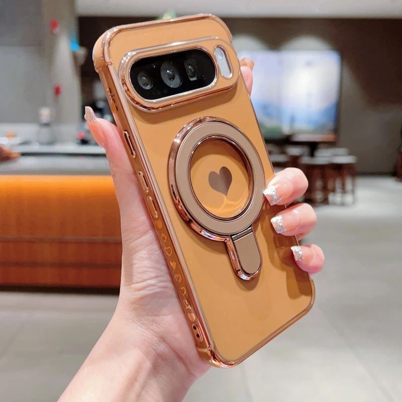 Enhanced Love Heart Bracket Phone Case with Plating Finish and Magsafe Compatibility