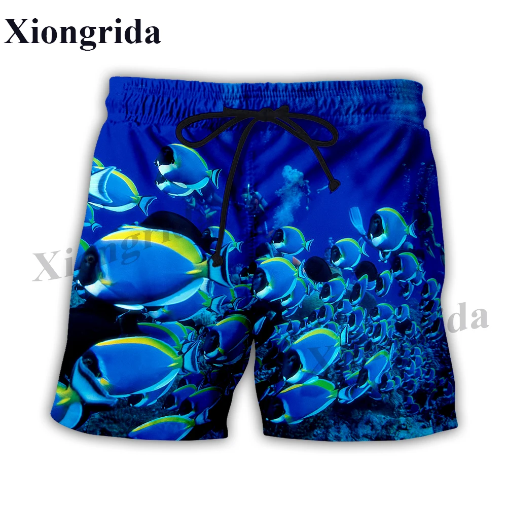 Novelty Fish Print Shorts Men Elastic Waist Beach Shorts Summer Harajuku Casual Shorts Tropical Fish All Over Print Sports Short