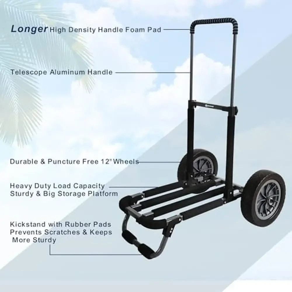 Aluminum Beach Cart with 12" Airless Wheels Telescopic Handle Zippered Cargo Bag Foldable & Rust-Proof Fishing Trolley Camping