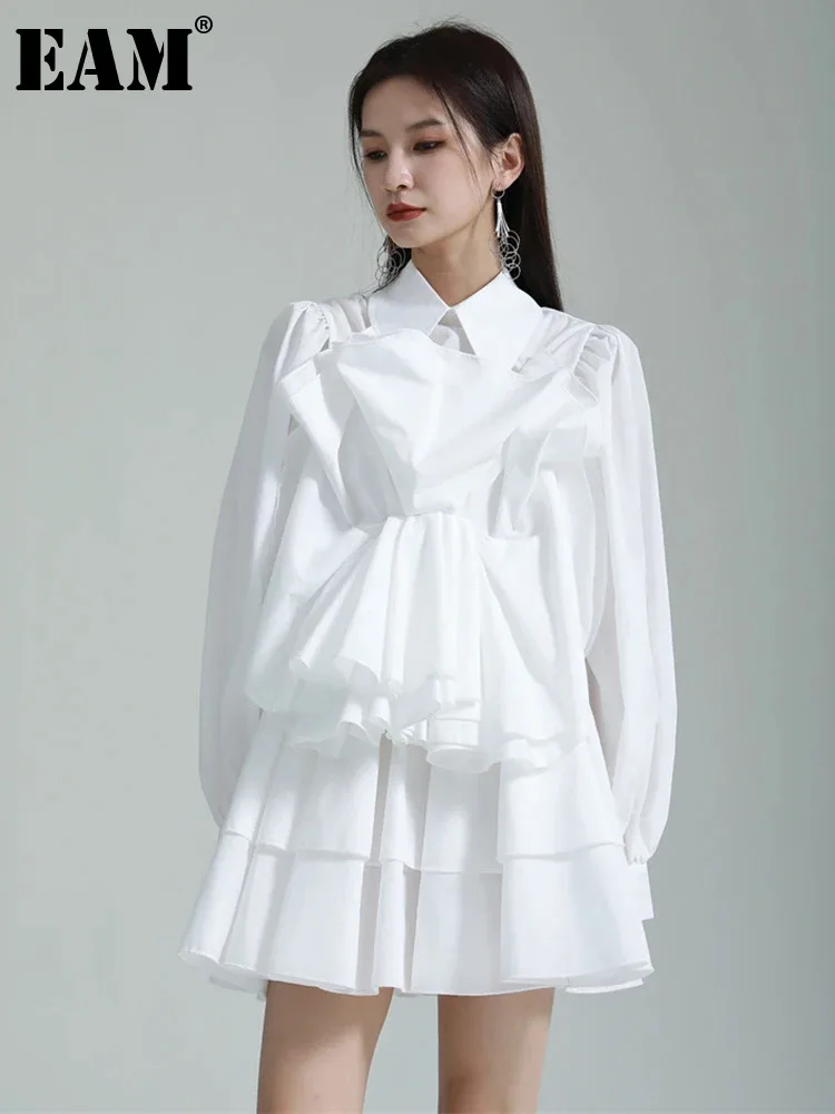 

[EAM] Women White Pleated Ruffles Elegant Shirt Dress New Lapel Long Sleeve Loose Fit Fashion Tide Spring Autumn 2024 1DF5738