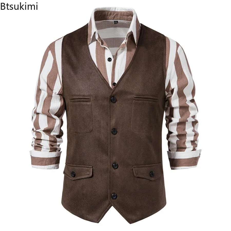 New 2024 Men's Vest V-neck Suede Single Breasted Vest Jacket Man Casual Business Party Waistcoat Fashion Solid Slim Vest for Men