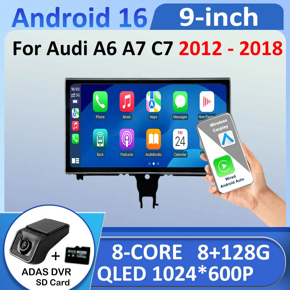 Radio para Auto con Android 16 para Audi A6 A7 C7 RS6 RS7 S6 2012-2018, Reproductor de Video, Pantalla Táctil IPS HD, Bluetooth, Carplay, Unidad Principal con WiFi