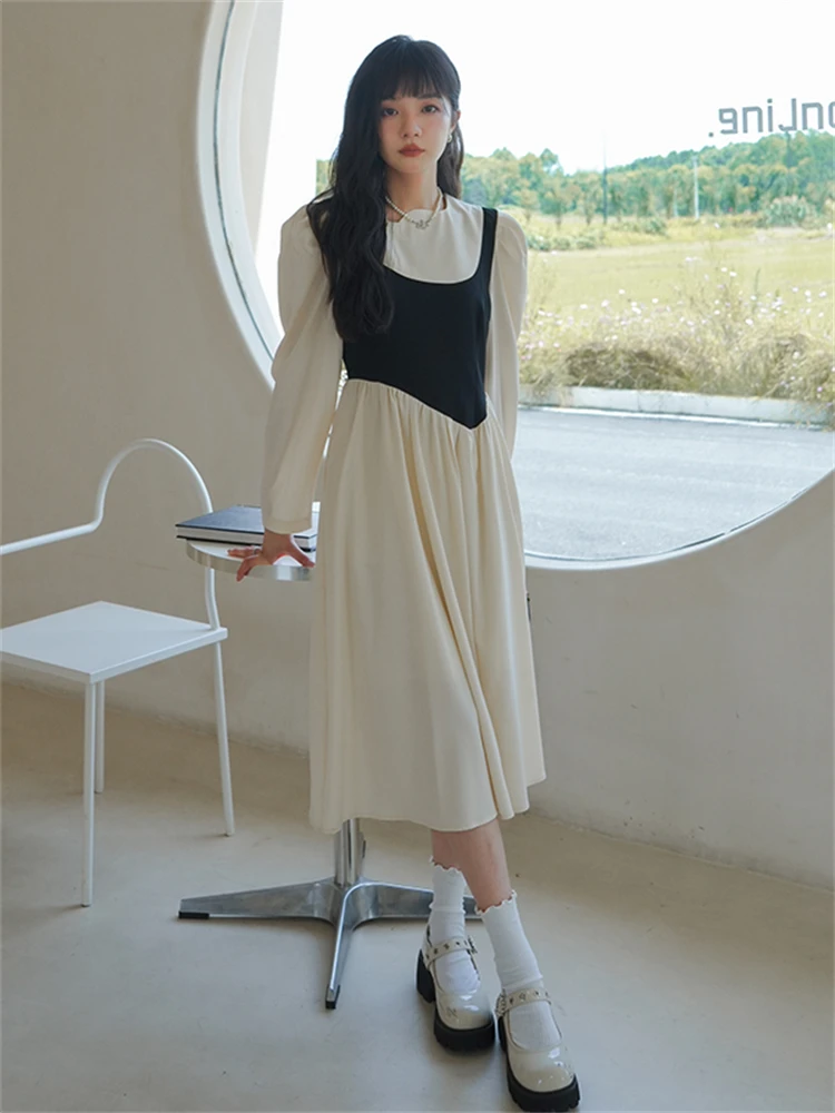 

2022 Autumn New Irregular Collar Splice Puff Long Sleeve Dress Women Elegant Fashion Temperament Slim Casual A-line Dresses M136