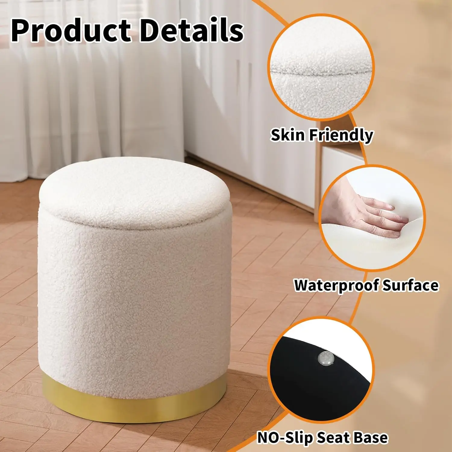Boucle Round Storage Ottoman with Removable Lid, Small Upholstered Foot Rest Stool with Gold Plating Base