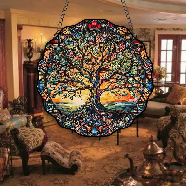 5.9inch Tree of Life Wall Art Decor Sun Hanging Sign Round Indoor Outdoor Window Acrylic Welcome Plate Pendant Decoration 2