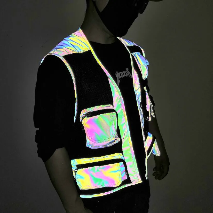 

2024 Spring Autumn Men Colorful Reflective Multi-pocket Cargo Vest Tops High Street Techwear Sleeveless Jackets жилетка chalecos