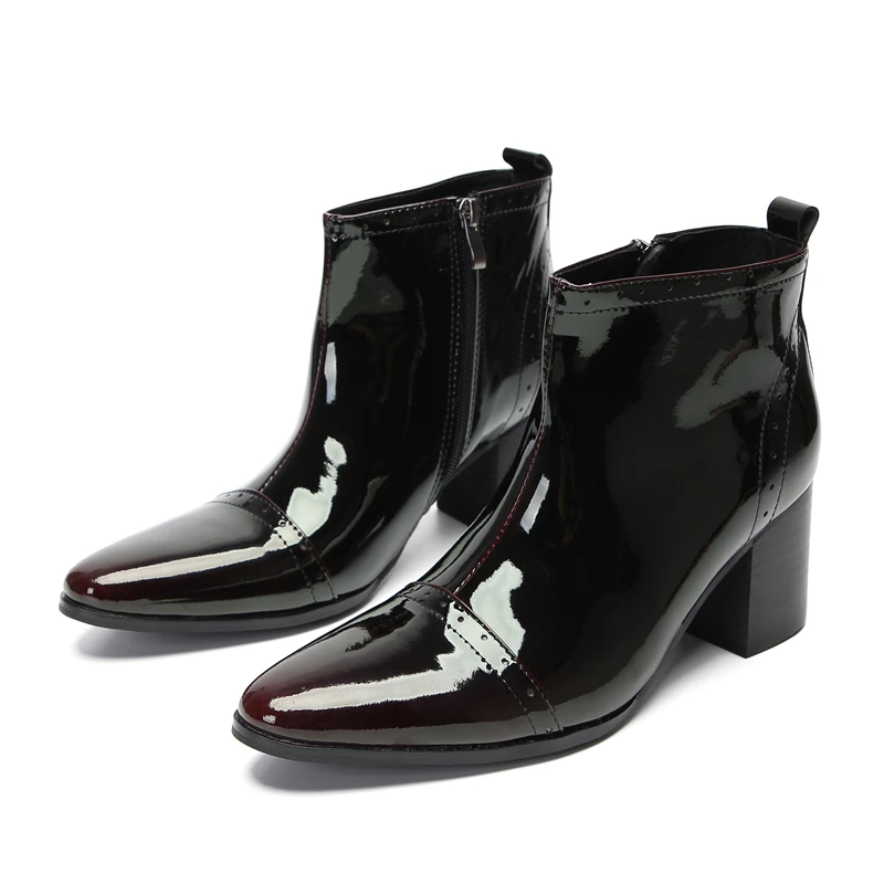 

Man Black Pointed Toe Shoes Big Size Wedding Banquet Zipper Short Boot Patent Leather Prom High Heel Boot Business Formal Boots