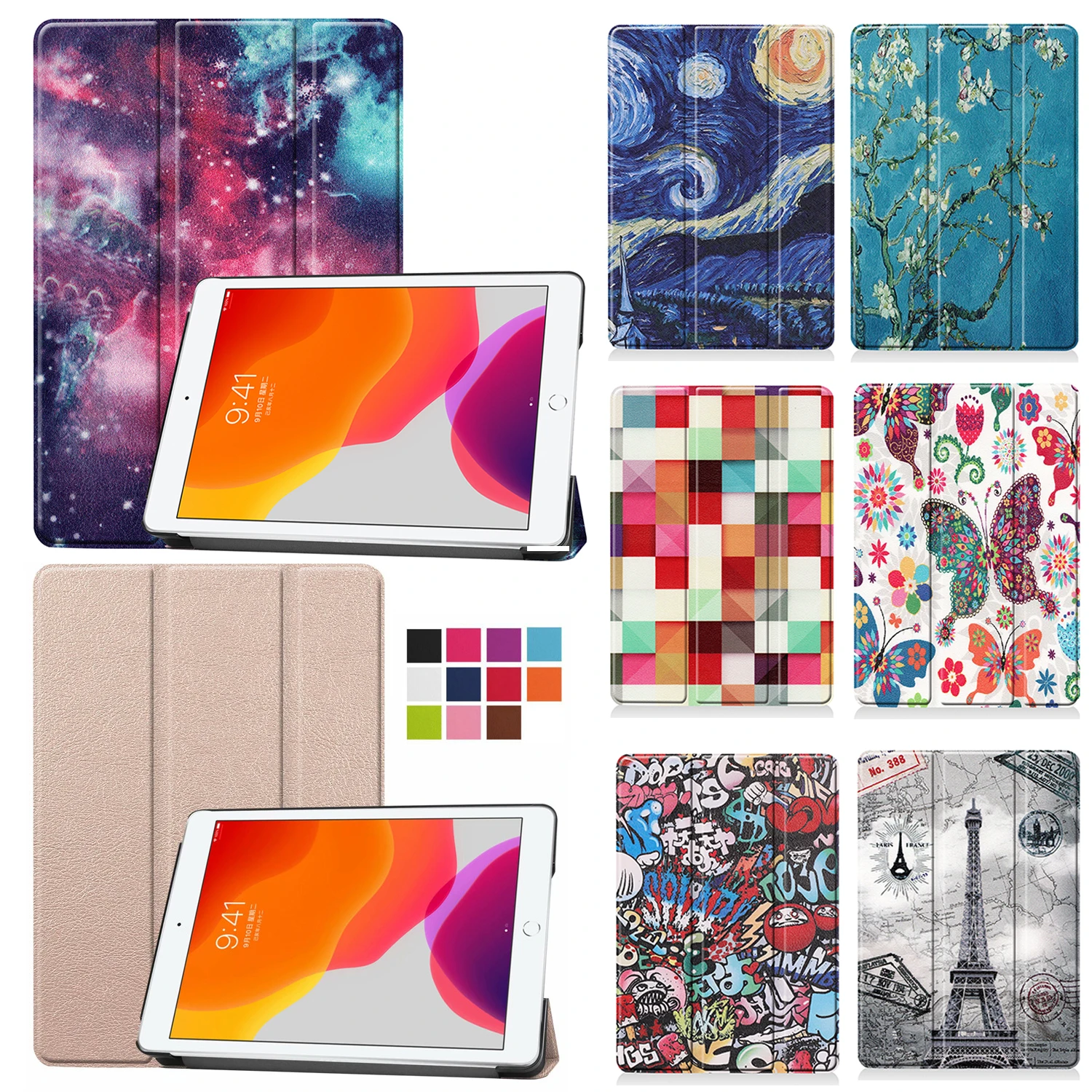 Leather Case for iPad Pro 5th 6th Generation Air 5 4 3 2 1 Funda Coque Accessories Sleep Wake Print Hard Cover