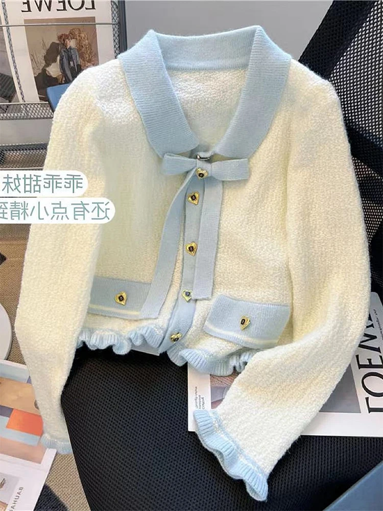 

Women's White V-Neck Cardigan Knit Sweater Harajuku Y2k Kawaii Long Sleeves Bow Sweater Vintage 90s 2000s Aesthetic Clothes 2024