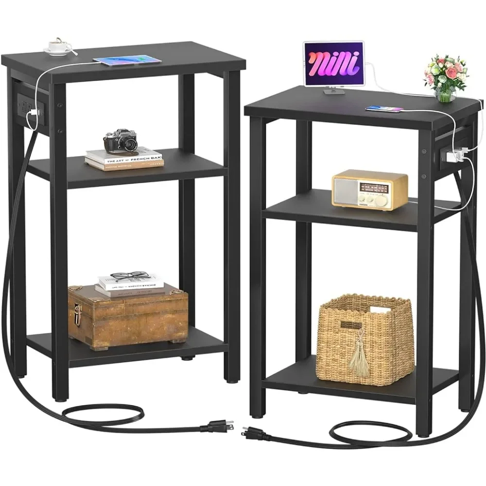 

Набор из 2 прикроватных тумбочек с зарядной станцией, прикроватная тумбочка для дивана, спальни, гостиной, черного цвета