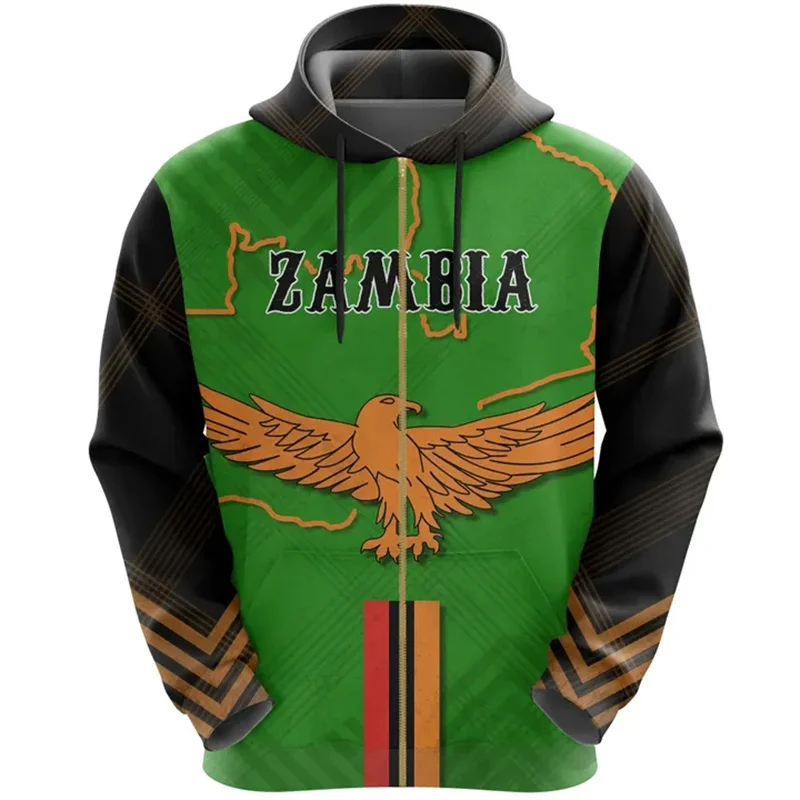 thumbnail image 1 of Sudadera con capucha y estampado 3D de la bandera de Zambia para hombre, sudadera con capucha holgada de manga larga con cremallera y emblema nacional para otoño, 1 of 5
