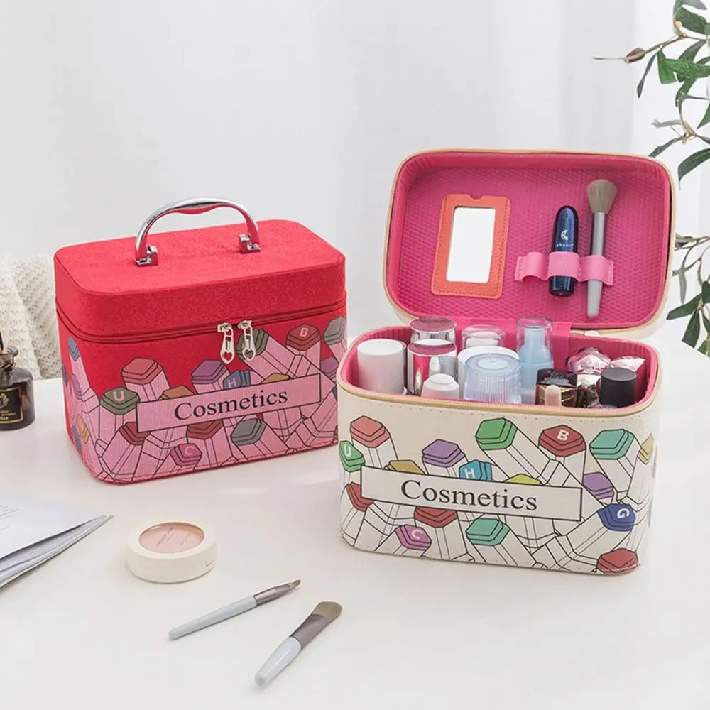 

Portable Makeup Bag With Mirror Space Saving Large-Capacity Cosmetics Storage Box Professional Multi-Functional