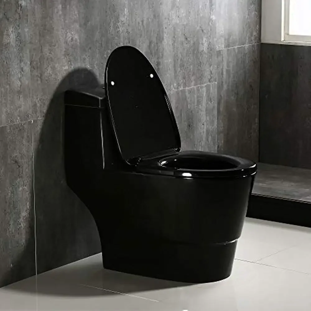 E One Piece Toilet Soft Close Seat Chair Height 1.28 GPF Dual Water Sensed 1000 Gram Flush B0941 Black Luxury Modern Design ADA 3