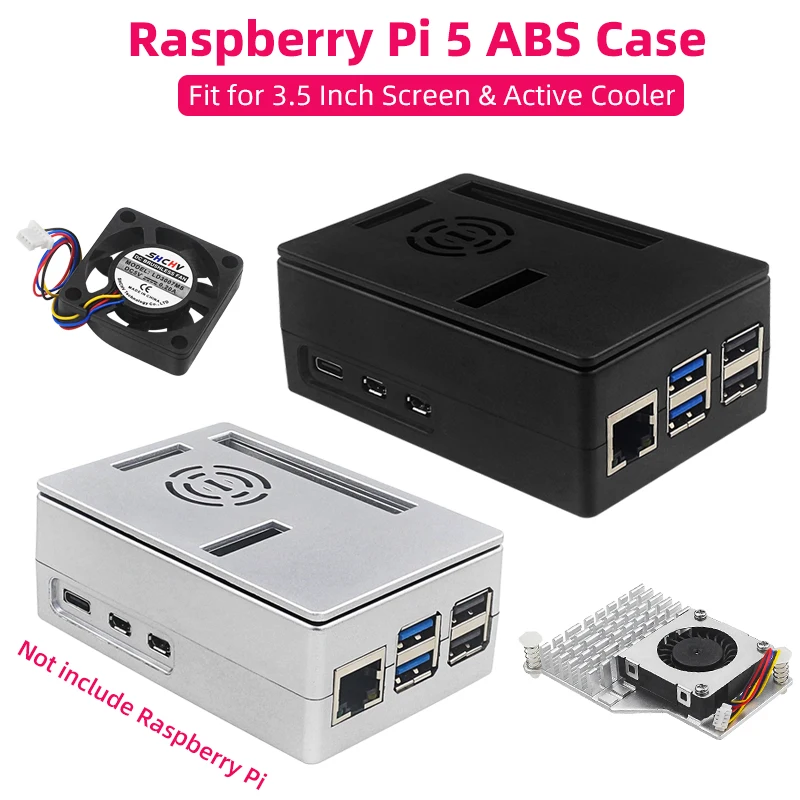 

Raspberry Pi 5 ABS Case Black Silver Plastic Shell Optional PWM Cooling Fan Active Cooler Support 3.5 Inch Screen for RPi 5 Pi5