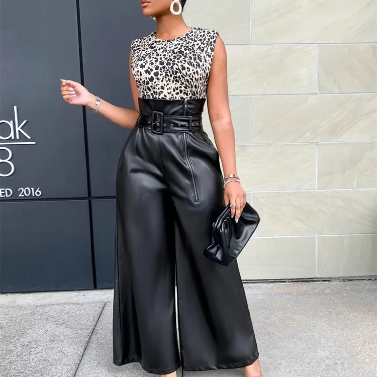 

Fashionable High Waisted Long PU Leather Nightclub Metal Belt Wide Leg Pants